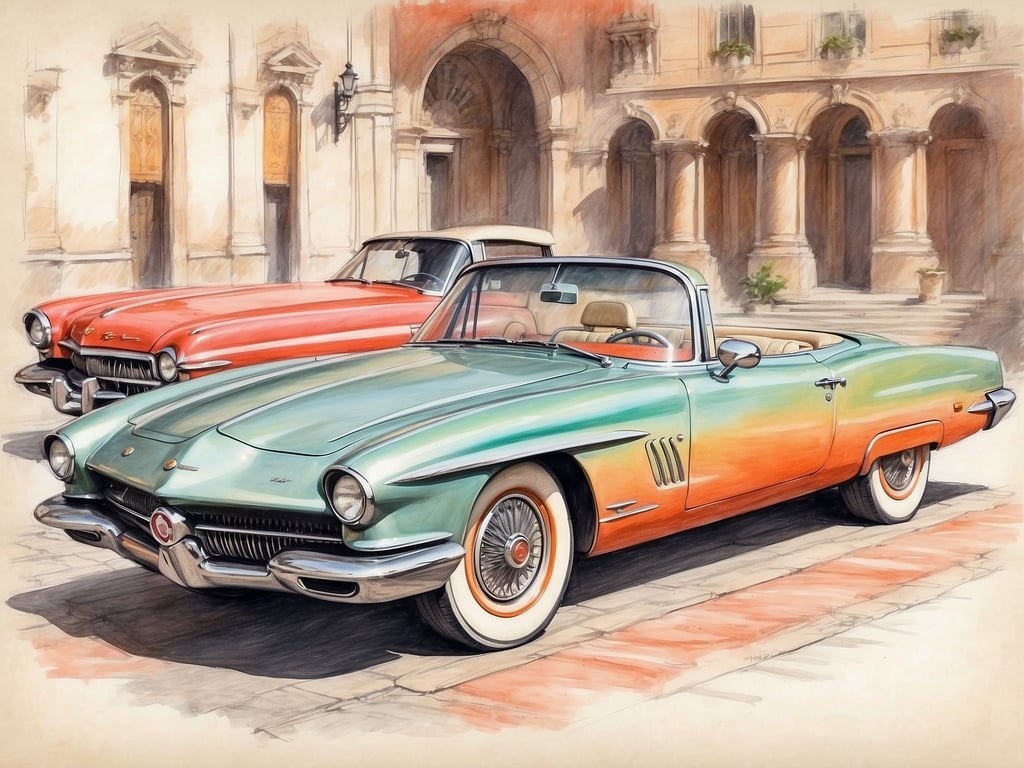 Auf dem Bild sind zwei klassische Autos zu sehen, die stylish in einer historischen Umgebung parken. Diese Fahrzeuge versprechen ein Gefühl von Nostalgie und Freiheit, was zu entspannten Fahrten an sonnigen Tagen einlädt. Die prächtigen Farben und das elegante Design der Autos laden dazu ein, die Straßen zu erkunden und das Leben in vollen Zügen zu genießen. Solche Erlebnisse können für viele eine wunderbare Möglichkeit sein, Zeit mit Freunden oder der Familie zu verbringen und dabei die Schönheit der Umgebung zu genießen.