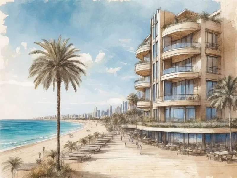 Modernes Strandhaus mit rundem Turm, geschwungenen Balkonen, großen Fenstern, Pool im Vordergrund und Palmen an der Küste