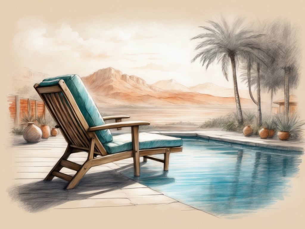 Auf dem Bild ist ein bequemer Liegestuhl zu sehen, der am Rand eines Pools steht. Die ruhige Umgebung mit Palmen und einer wunderschönen Landschaft im Hintergrund vermittelt ein Gefühl von Entspannung und Erholung. Die sanften Farben und die friedliche Atmosphäre laden dazu ein, die Seele baumeln zu lassen und sich zurückzulehnen, um die Natur zu genießen. Es ist ein idealer Ort, um sich zu entspannen und tief durchzuatmen.