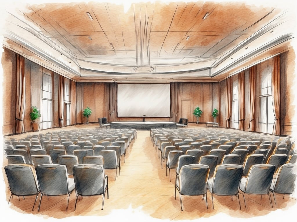 Auf dem Bild ist ein großer Veranstaltungsraum zu sehen, der für Konferenzen und ähnliche Events genutzt werden kann. Der Raum ist mit mehreren Sitzreihen ausgestattet, die genügend Platz für eine größere Anzahl von Teilnehmern bieten. An der Vorderseite befindet sich eine Präsentationsfläche mit einem großen Bildschirm, ideal für Vorträge oder Präsentationen. Die Fenster lassen viel Tageslicht hinein, und die Pflanzen sorgen für eine angenehme Atmosphäre. Die elegante Ausstattung und die Anordnung des Raumes machen ihn zu einem geeigneten Ort für professionelle Veranstaltungen.