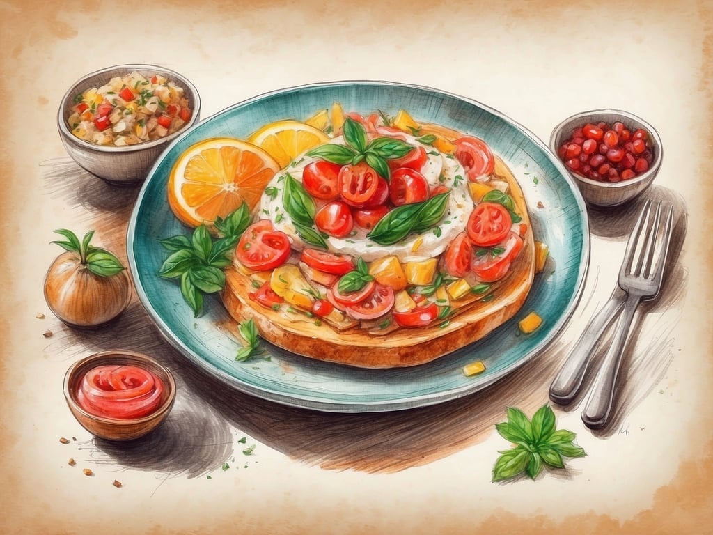 Auf dem Bild ist ein appetitliches Gericht zu sehen, das auf einem Teller serviert wird. Es handelt sich um ein gut belegtes Brot, das mit einer bunten Mischung aus frischen Tomaten, aromatischem Basilikum und eventuell weiteren Gemüse zutaten dekoriert ist. Die leuchtenden Farben der Zutaten wecken den Appetit und verleihen dem Gericht eine frische Note. 

Neben dem Hauptgericht befinden sich kleine Schalen mit Beilagen, darunter eine Art Salsa oder Gemüse-Mischung, sowie etwas dip- oder tomatensauce. Eine Scheibe Orange sorgt zudem für eine fruchtige Komponente und einen zusätzlichen Farbtupfer. Das Gesamtbild vermittelt ein Gefühl von gesunder und kreativer Küche, die sowohl zur Feier eines besonderen Anlasses als auch zu einem gemütlichen Mittagessen einlädt.