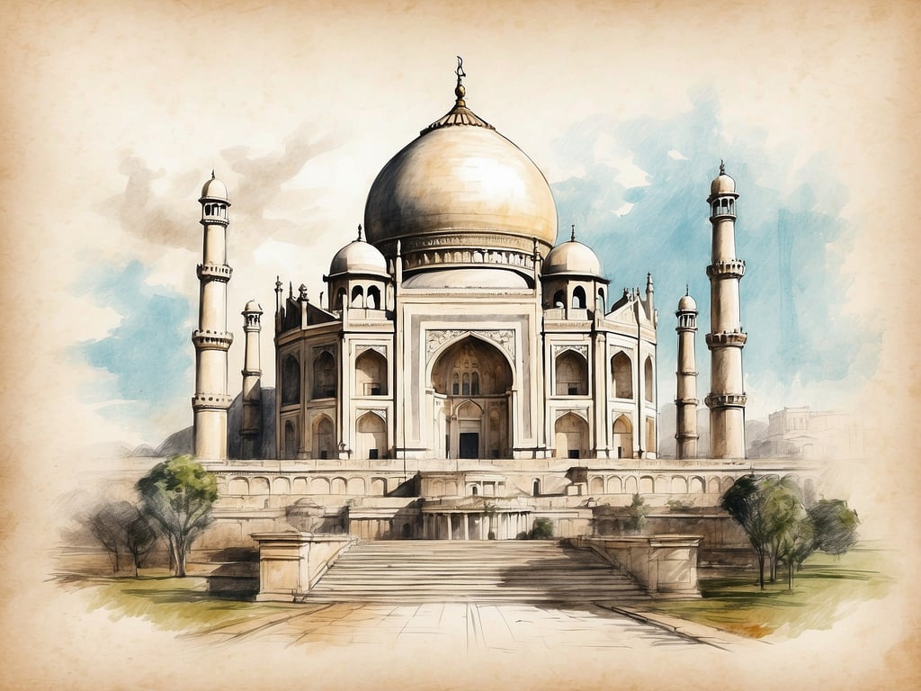 Auf dem Bild ist das Taj Mahal zu sehen, ein beeindruckendes Mausoleum in Agra, Indien. Es ist bekannt für seine aufwendige Architektur und wurde von Shah Jahan für seine verstorbene Frau Mumtaz Mahal erbaut. In der Nähe befinden sich Sehenswürdigkeiten wie die Agra-Festung und die Itimad-ud-Daulah, auch bekannt als das 