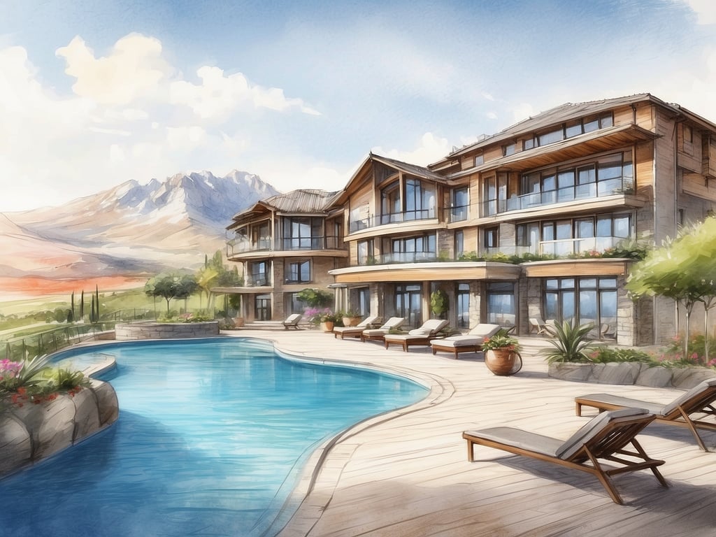 Auf dem Bild ist ein luxuriöses Hotel oder Resort zu sehen, das sich harmonisch in eine malerische Landschaft einfügt. Im Vordergrund erstreckt sich ein einladender Pool, der von einer Holzterrasse und Liegen umgeben ist. Die Architektur des Gebäudes kombiniert Holz- und Steinelemente, um eine natürliche und elegante Atmosphäre zu schaffen. Im Hintergrund sind beeindruckende Berge sichtbar, die die Umgebung noch malerischer wirken lassen. Das Gesamtbild vermittelt ein Gefühl von Ruhe und Entspannung, ideal für einen Aufenthalt in der Natur.
