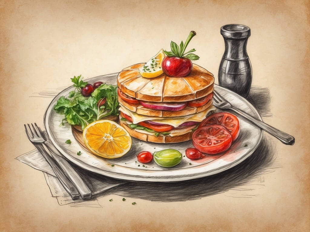 Auf dem Bild ist ein kunstvoll gestalteter Burger zu sehen, der auf einem Teller angerichtet ist. Der Burger besteht aus mehreren Schichten von Brötchen, die mit verschiedenen Zutaten wie Käse, Gemüse und Sliced-Obst gefüllt sind. Neben dem Burger sind frische Beilagen, darunter grüner Salat, Tomatenscheiben und eine Orangenscheibe, die eine fruchtige Note hinzufügen. Auch ein kleiner schwarzer Pfefferstreuer ist sichtbar, was darauf hindeutet, dass das Gericht eventuell mit einer Prise Würze abgerundet werden kann. Dieses kulinarische Erlebnis könnte eine angenehme Mischung aus herzhaften und frischen Aromen bieten.