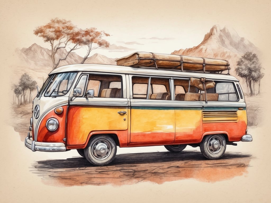 Auf dem Bild ist ein bunter VW-Bus zu sehen, der oft mit Freizeitaktivitäten und Abenteuern in Verbindung gebracht wird. Solche Fahrzeuge sind beliebt bei Roadtrip-Enthusiasten und eignen sich hervorragend für Ausflüge in die Natur. Man könnte sich vorstellen, wie Freunde eine Reise zu einem Campingplatz oder einem Musikfestival unternehmen, während sie in diesem nostalgischen Bus unterwegs sind. Auch Outdoor-Aktivitäten wie Surfen oder Wandern könnten Teil solcher Abenteuer sein, wobei das Dachgepäck für Sportgeräte oder Campingausrüstung genutzt wird.