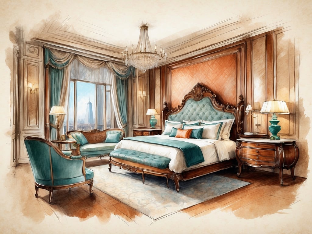 Auf dem Bild ist ein elegantes Schlafzimmer zu sehen, das mit luxuriösen Möbeln und einer stilvollen Farbpalette gestaltet ist. Die Highlights umfassen:

- **Prächtiges Himmelbett**: Das Bett hat eine kunstvoll gestaltete Kopfteil mit einem edlen Stoffbezug.
- **Eingeschlossene Sitzbereiche**: Eine gemütliche Sitzecke mit einem eleganten Sessel und einem Couchtisch lädt zum Entspannen ein.
- **Große Fenster**: Diese ermöglichen einen herrlichen Ausblick und lassen viel Tageslicht herein.
- **Stilvolle Dekoration**: Die Kombination aus Holz, sanften Farben und feinen Materialien vermittelt ein Gefühl von Opulenz.
- **Wandverkleidungen**: Die Wände sind geschmackvoll mit Holzverkleidungen und feinen Textilien dekoriert.

Die gesamte Atmosphäre strahlt Wohlbefinden und Luxus aus.