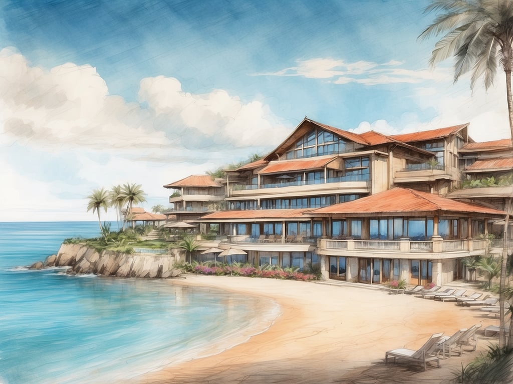 Auf dem Bild ist ein malerisches Hotel am Strand zu sehen. Es hat mehrere Etagen mit großen Fenstern, die einen Blick auf das Meer ermöglichen. Das Gebäude hat ein charmantes Design mit roten Ziegeldächern und einer Mischung aus modernen sowie traditionellen Elementen. Um das Hotel herum gibt es Palmen und Blumen, die zur tropischen Atmosphäre beitragen. Der Strand erstreckt sich vor dem Hotel, und es sind Liegen aufgestellt, die zum Entspannen einladen. Der Himmel ist blau mit einigen Wolken, was das Gesamtbild freundlich und einladend wirken lässt.