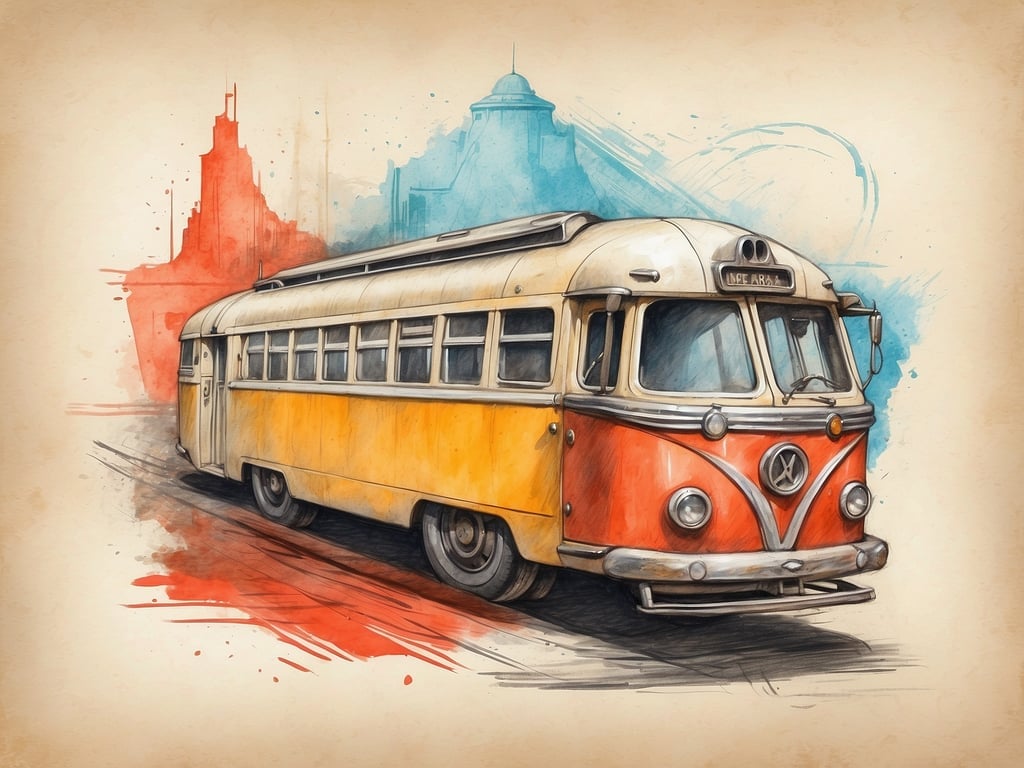 Ein gelber und grauer Nostalgiebus fährt auf einer Straße, umgeben von bunten Spritzern und skizzierten Gebäudeformen.