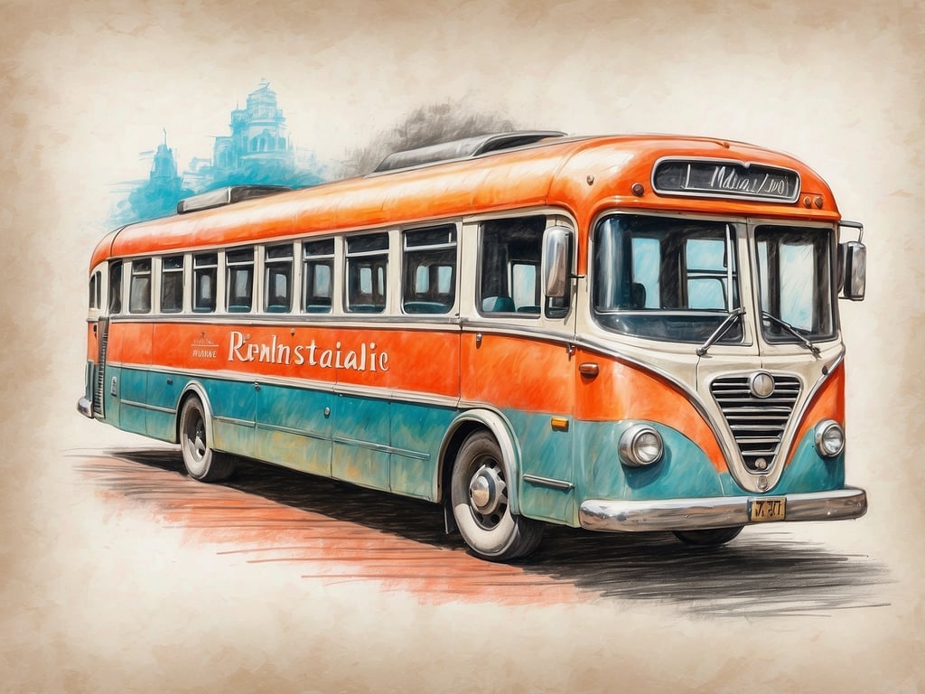 Auf dem Bild ist ein altmodischer Omnibus zu sehen, der in auffälligen Farben lackiert ist, hauptsächlich in Orange und Türkis. Der Bus trägt die Aufschrift 