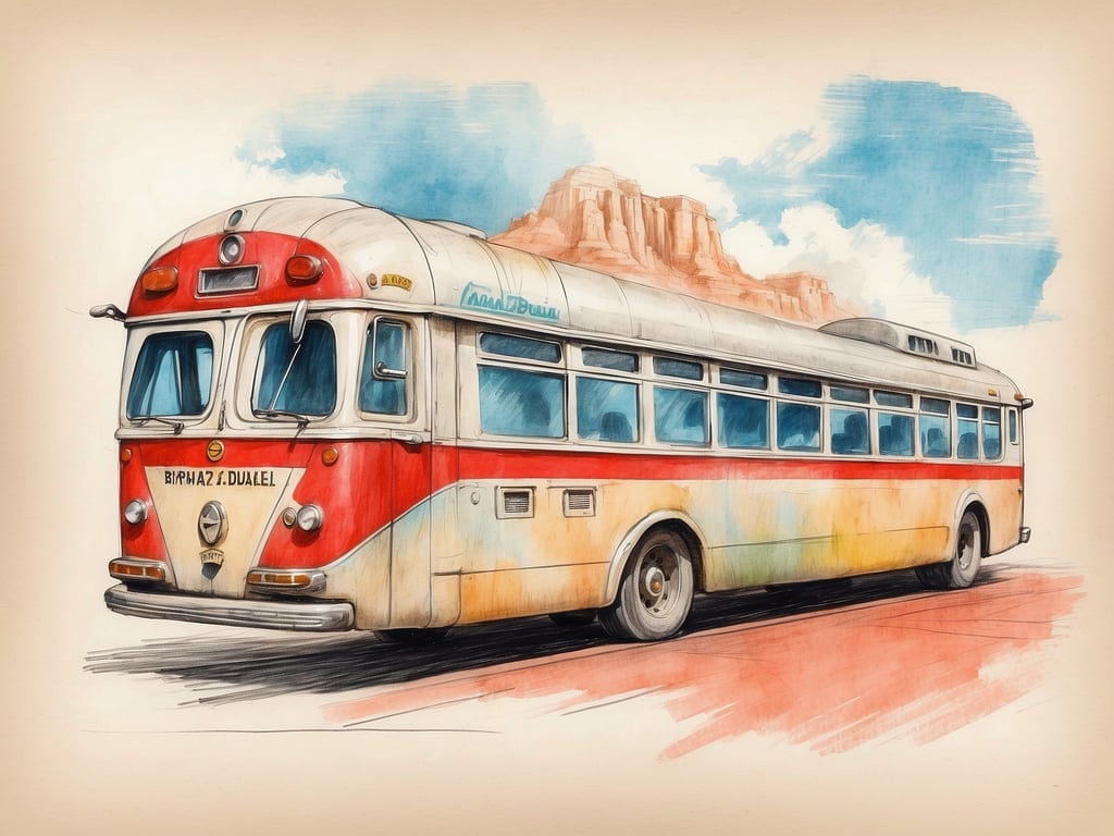 Auf dem Bild ist ein älterer, farbenfroher Bus zu sehen, der auf einer Straße steht. Die Gestaltung des Busses lässt darauf schließen, dass er möglicherweise ein historisches Modell ist. Im Hintergrund sind Berge oder Felsen zu erkennen, die eine natürliche Landschaft darstellen. 

Die Szene könnte in der Nähe einer Haltestelle oder eines Reiseveranstalters stattfindet, wo Personen mit dem Bus zu ihrem Ziel reisen könnten. Dienste wie öffentliche Verkehrsmittel oder Touristenfahrten könnten hier angeboten werden. Solche Busse sind oft Teil von Reise- oder Transportdiensten und bieten eine Möglichkeit, verschiedene Einrichtungen oder Sehenswürdigkeiten zu erreichen.