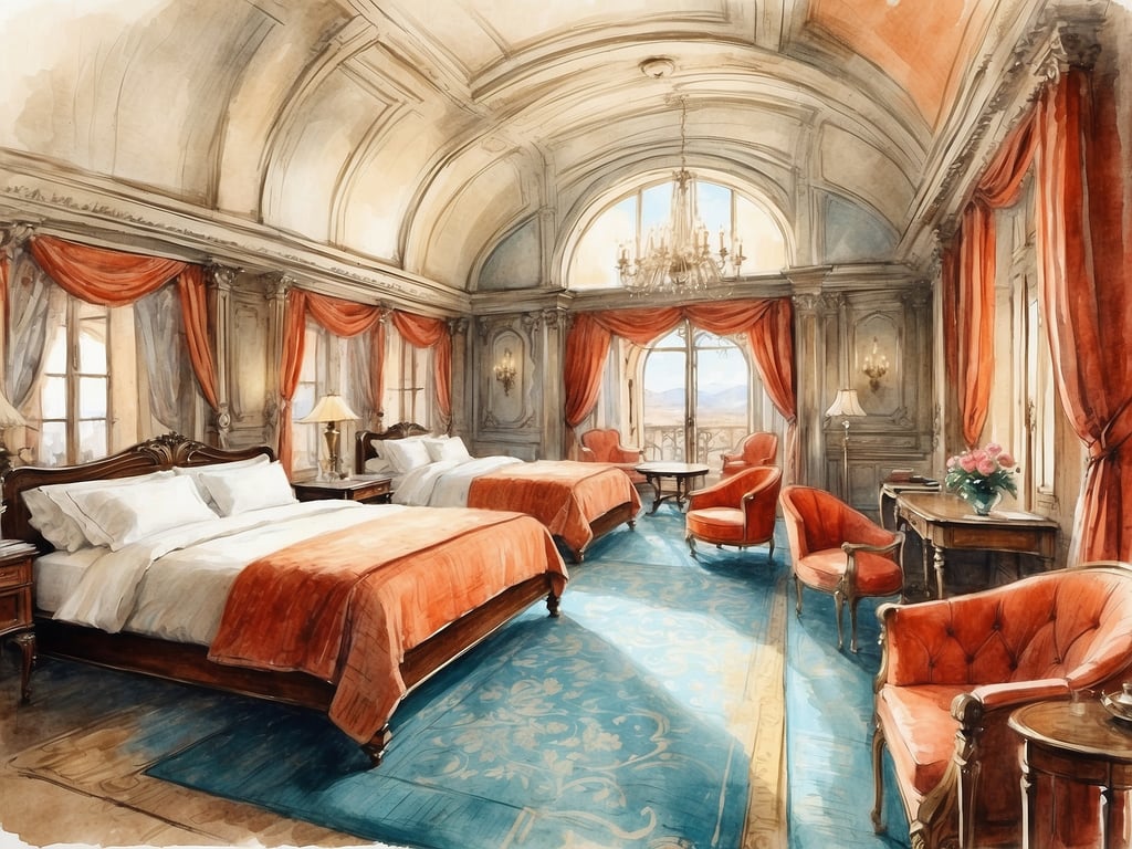 Auf dem Bild ist ein elegantes Hotelzimmer zu sehen, das mit einem klassischen und stilvollen Design ausgestattet ist. Es gibt zwei große Betten mit weißen Bettwäsche und roten Überdecken, sowie gemütliche Sitzgelegenheiten in der Nähe der Fenster. Der Raum wirkt hell und einladend dank der großen Fenster, durch die viel Licht fällt. 

Das Leonardo Hotel in Weimar ist bekannt für seine hohe Qualität und komfortable Unterkunft. Es bietet eine stilvolle Atmosphäre, die sowohl für Geschäftsreisende als auch für Urlauber attraktiv ist. Die elegante Ausstattung, wie auch im dargestellten Zimmer, spiegelt die Kombination aus modernem Komfort und historischem Charme wider, die Weimar als Kulturstadt bietet.