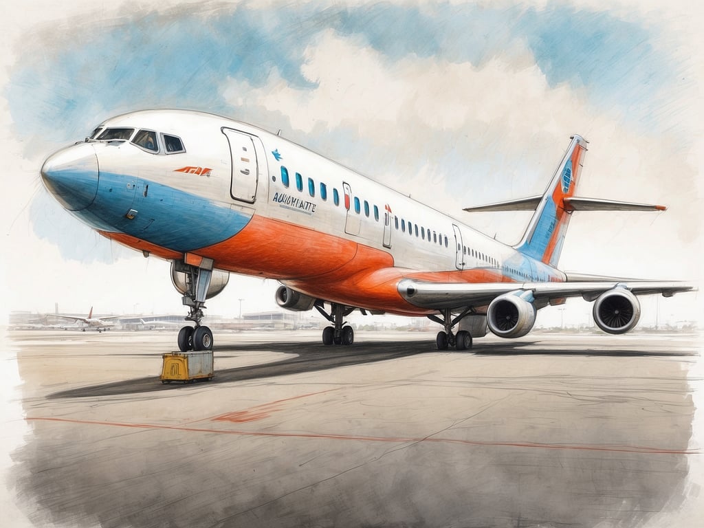 Auf dem Bild ist ein Flugzeug zu sehen, das auf einem Flughafen steht. Es hat eine auffällige Farbgebung in Blau und Orange und könnte zu einer fiktiven Fluggesellschaft namens 