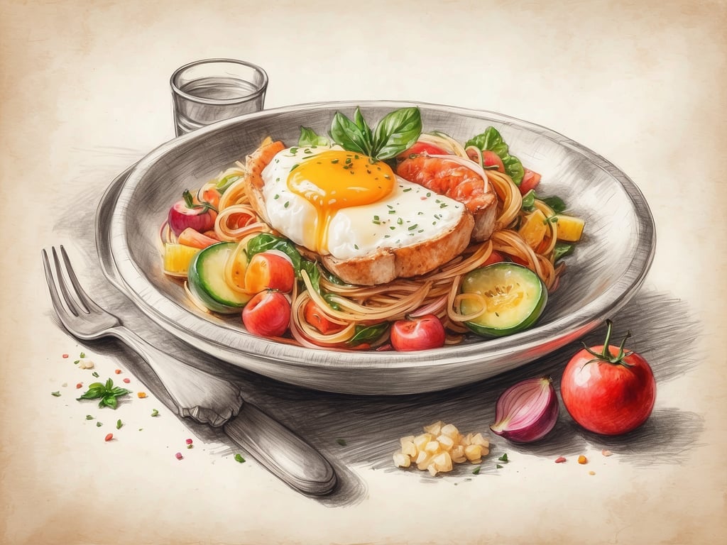 Auf dem Bild ist ein ansprechend angerichteter Teller mit einer köstlichen Mahlzeit zu sehen. Im Mittelpunkt steht ein Stück Fleisch, das von einem perfekt gebratenen Spiegelei gekrönt wird. Um das Ei und das Fleisch herum sind bunte Gemüsesorten wie Zucchini und Kirschtomaten sowie eine Portion Spaghetti zu finden. 

Das Gericht sieht nicht nur appetitlich aus, sondern weckt auch Erinnerungen an ein gemütliches Essen in einem italienischen Restaurant, wo die Kombination aus frischen Zutaten und liebevoller Zubereitung im Vordergrund steht. Die verschiedenen Farben und die Anrichtung könnten den Gaumen anregen und Lust auf ein gemeinsames Dinner mit Freunden oder Familie machen. Ein Glas Wasser daneben rundet das gastronomische Erlebnis ab.