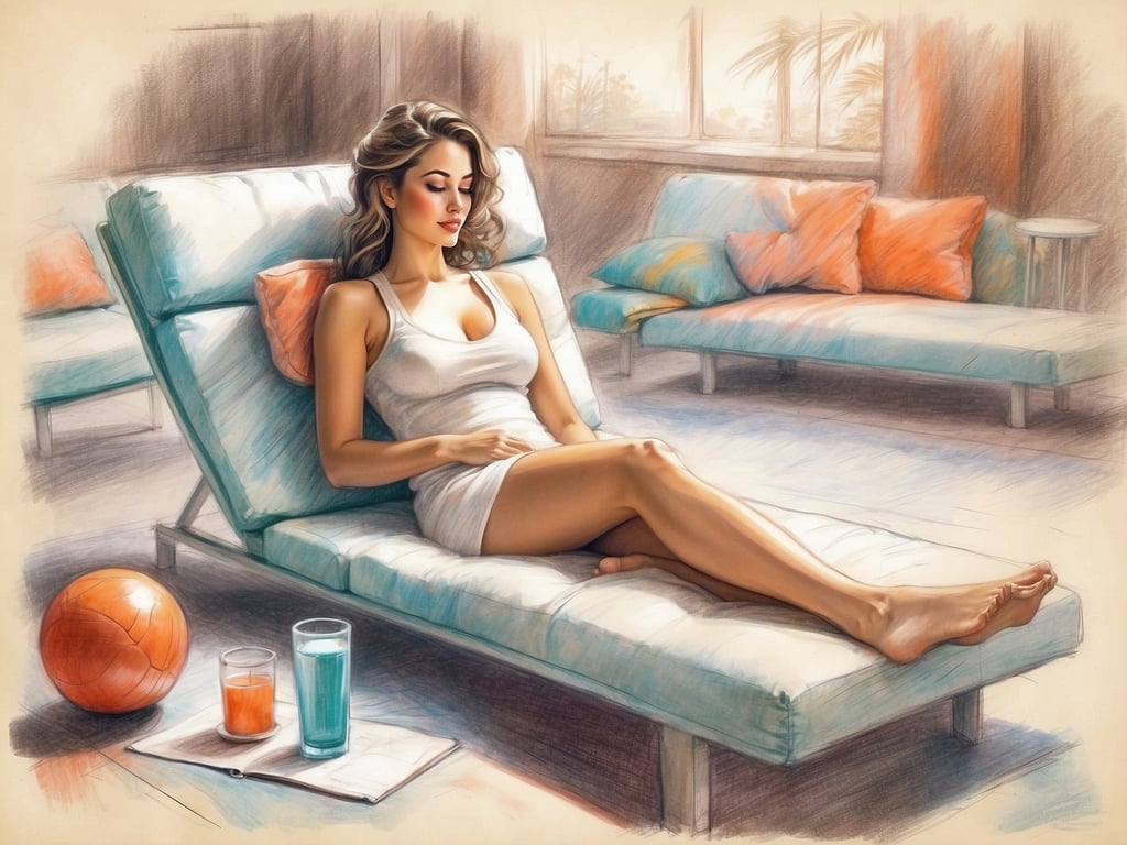 Auf dem Bild ist eine entspannende Szene in einem Wellness- und Freizeiteinrichtungsumfeld zu sehen. Eine Frau liegt auf einer modernen Liege und genießt ihre Auszeit. Neben ihr stehen zwei Getränke – eines orange und eines blau – und ein Buch liegt auf dem Boden. Im Hintergrund sind gemütliche Sofas mit bunten Kissen und große Fenster, durch die Tageslicht strömt. Die Atmosphäre wirkt beruhigend und einladend, perfekt zum Entspannen und Wohlfühlen.