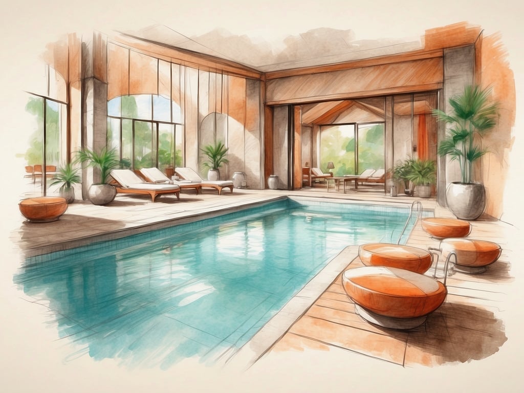 Auf dem Bild ist ein stilvolles Hallenbad zu sehen, das von großen Fenstern umgeben ist, die viel Tageslicht hereinlassen. Der Bereich ist mit modernen Liegen und grünen Pflanzen dekoriert, was eine entspannende Atmosphäre schafft. 

Die Wellness- und Freizeitmöglichkeiten des Hotels könnten folgende Punkte umfassen:

1. **Hallenbad**: Ideal für entspannende Schwimmseinheiten und Erholung.
2. **Sauna und Dampfbad**: Für weitere Entspannung und Wellness-Anwendungen.
3. **Ruhezonen**: Bequeme Liegen, um sich nach einem Tag voller Aktivitäten zu erholen.
4. **Fitnessraum**: Ausgestattet mit modernen Geräten für aktive Gäste.
5. **Wellnessanwendungen**: Massagen, Gesichtsbehandlungen und weitere Anwendungen zur Förderung des Wohlbefindens. 

Dieser Bereich lädt dazu ein, die Seele baumeln zu lassen und sich zu erholen.