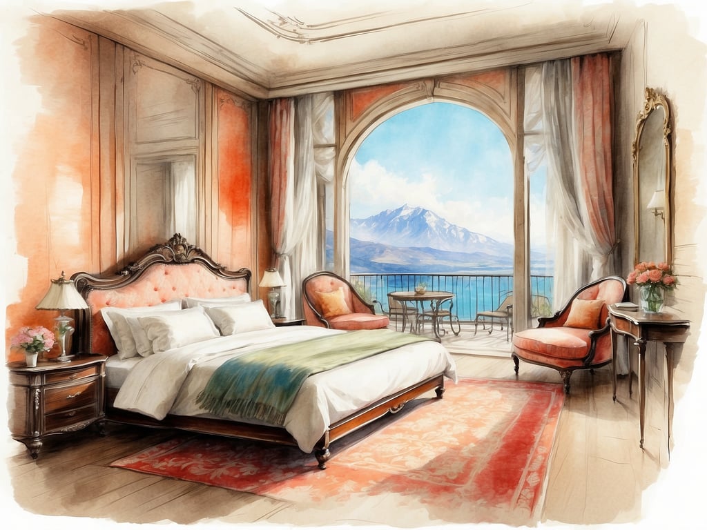 Auf dem Bild ist ein stilvolles Hotelzimmer zu sehen. Es ist geschmackvoll eingerichtet mit einem großen Bett, eleganten Möbeln und einem herrlichen Blick durch große Fenster. Der Raum hat warme Farben, darunter sanfte Cremetöne und peachfarbene Akzente. Die Fenster bieten eine Aussicht auf Berge und Wasser, was eine entspannende Atmosphäre schafft. Ein kleiner Balkon ist ebenfalls sichtbar, wo Gäste die Aussicht genießen können. Der Gesamteindruck vermittelt Luxus und Komfort.