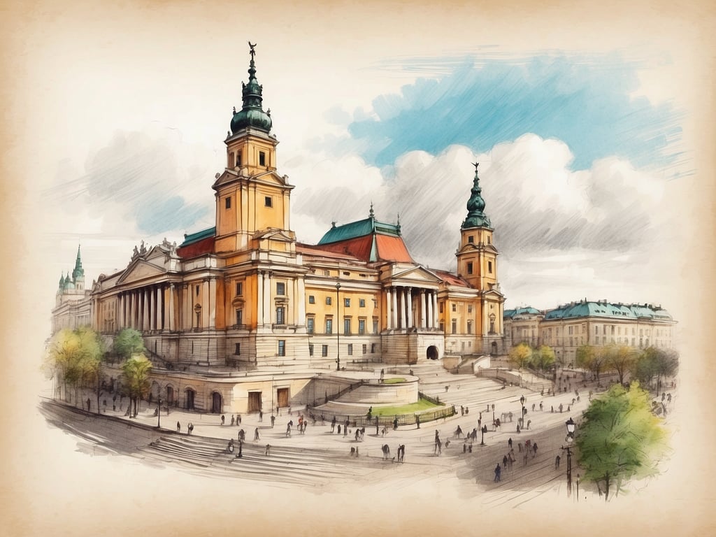 Auf dem Bild ist ein beeindruckendes Gebäude zu sehen, das architektonisch sehr charakteristisch ist. Es handelt sich wahrscheinlich um ein historisches Bauwerk in Warschau, das eine zentrale Rolle in der Stadt darstellt. Die Szene zeigt Menschen, die sich um das Gebäude versammeln, sowie Bäume und eine urbane Umgebung, die einen lebhaften Eindruck vermitteln. 

Wenn du die Stadt Warschau erkunden möchtest, gibt es viele solcher faszinierenden Orte zu entdecken, die reich an Geschichte und Kultur sind.