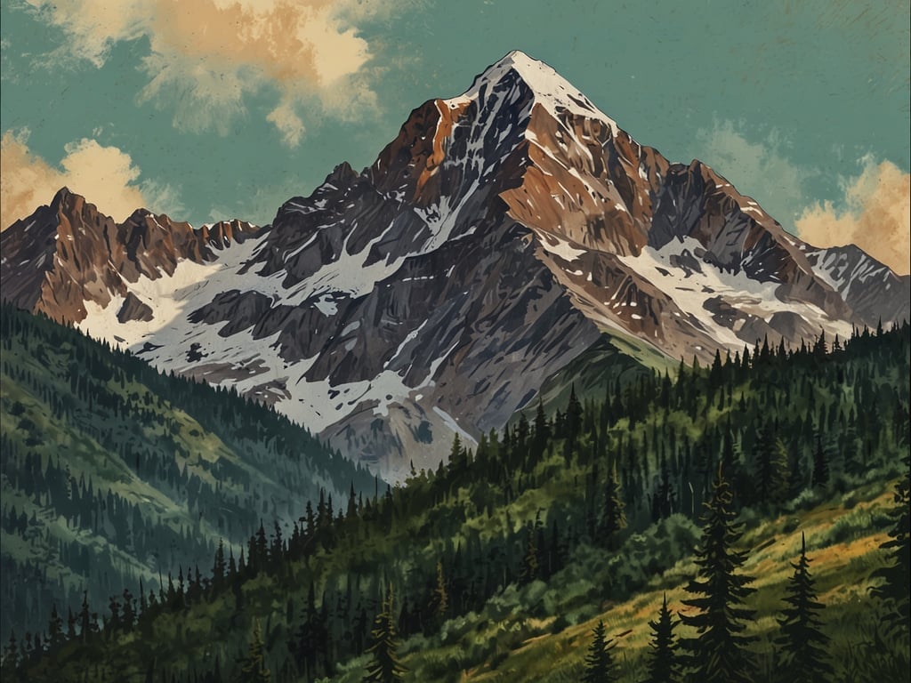 Auf dem Bild sind majestätische Berge zu sehen, die an die beeindruckenden Landschaften Lesothos erinnern. Die Gipfel sind teils schneebedeckt und strahlen eine beeindruckende Erhabenheit aus, während die umliegenden Hänge mit üppigem, grünem Wald bedeckt sind. Der Himmel ist leicht bewölkt und verleiht der Szenerie eine einzigartige Atmosphäre.