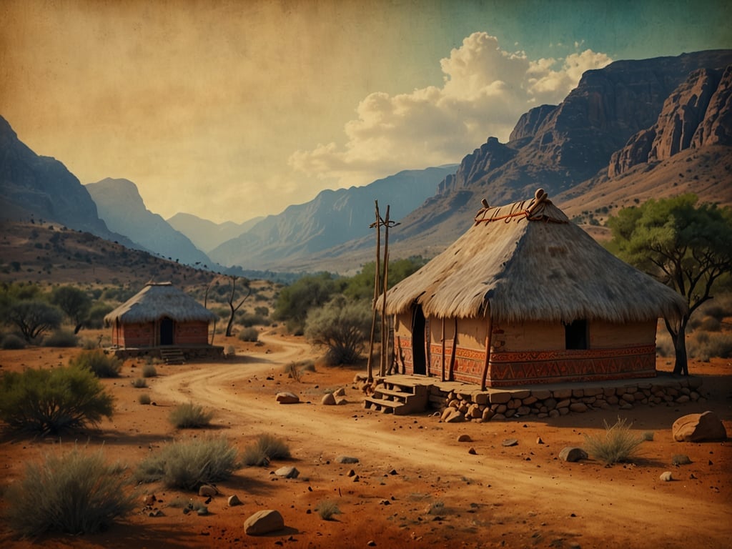 Auf dem Bild sind traditionelle runde Hütten zu sehen, die oft in der Kultur der Basotho anzutreffen sind. Diese Hütten, auch als 