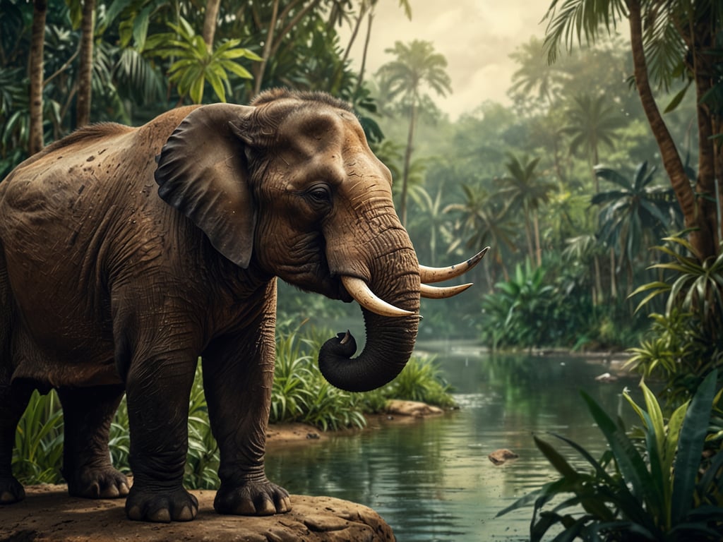 Auf dem Bild ist ein Elefant zu sehen, der nah an einem Ufer steht, das von üppiger Dschungelvegetation umgeben ist. Im Hintergrund sind grüne Palmen und Bäume zu erkennen, während das Wasser ruhig dargestellt wird. Diese Szenerie verkörpert die Verbindung zwischen der Stadt und dem Dschungel und lädt dazu ein, die natürliche Welt zu entdecken. In diesem Kontext könnte man sagen: 