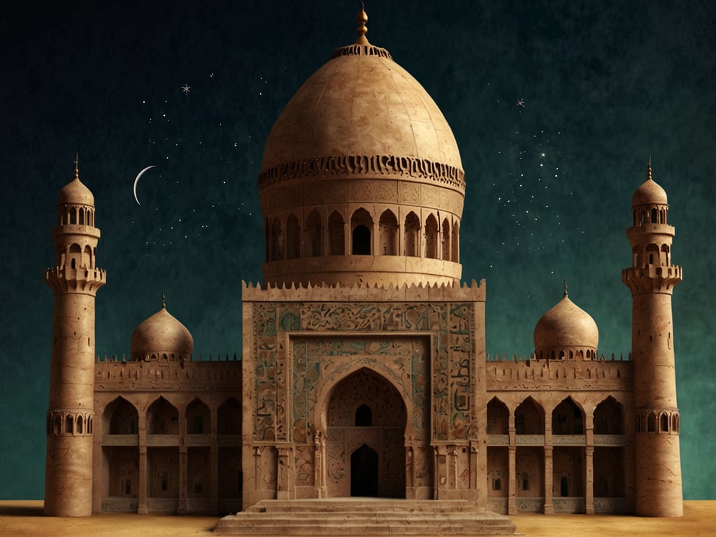 Auf dem Bild ist eine beeindruckende Architektur zu sehen, die stark von islamischen Baukünsten beeinflusst ist. Der hohe, runde Zentralbau mit der Kuppel sowie die Minarette und die filigranen Verzierungen sind typische Merkmale der islamischen Architektur. Diese Stilelemente reflektieren die kulturelle und religiöse Bedeutung der Architektur im Islam, die oft mit Moscheen und religiösen Stätten verbunden ist. Die Verwendung geometrischer Muster und arabesker Designs verstärkt den islamischen Einfluss und symbolisiert eine tiefe Verbindung zur religiösen Identität.