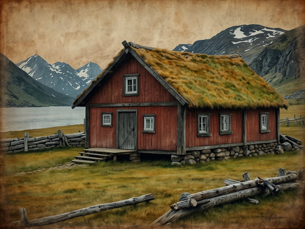 Auf dem Bild sieht man ein traditionelles rotes Holzhaus mit einem schilfgedeckten Dach, das in einer malerischen Landschaft steht. Im Hintergrund sind Berge und ein Gewässer zu erkennen, was eine idyllische Atmosphäre schafft. Diese Art von Architektur könnte gut ins Freilichtmuseum Maihaugen passen, wo Besucher die norwegische Geschichte und Kultur durch historische Gebäude und Landschaften kennenlernen können. Das Museum bietet Einblicke in das ländliche Leben und die Bauweisen vergangener Zeiten.