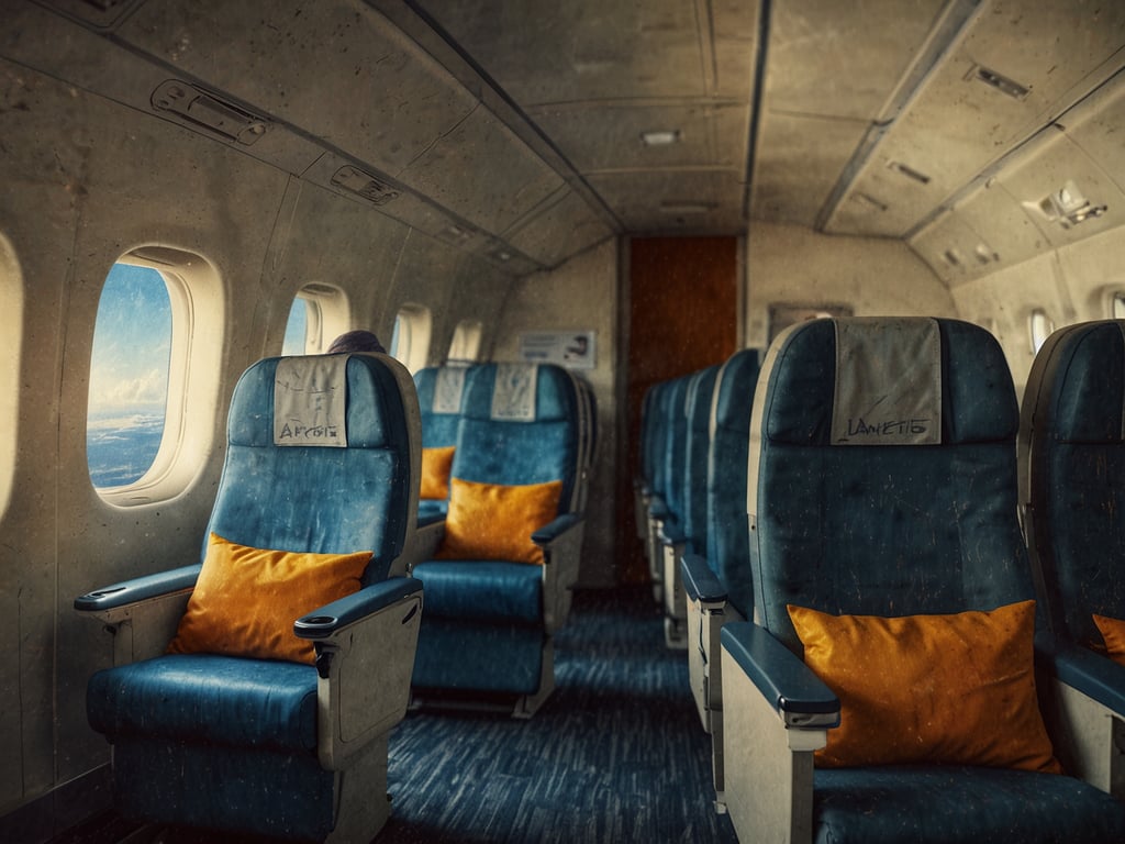 Auf dem Bild ist das Innere eines Flugzeugs zu sehen. Es zeigt eine Reihe von Sitzen mit blauen Polstern und orangefarbigen Kissen. Durch die Fenster kann man einen Blick auf den Himmel und die Wolken erhaschen, was darauf hindeutet, dass sich das Flugzeug in der Luft befindet. Die Sitze wirken etwas älter und die Kabine hat eine rustikale Atmosphäre.