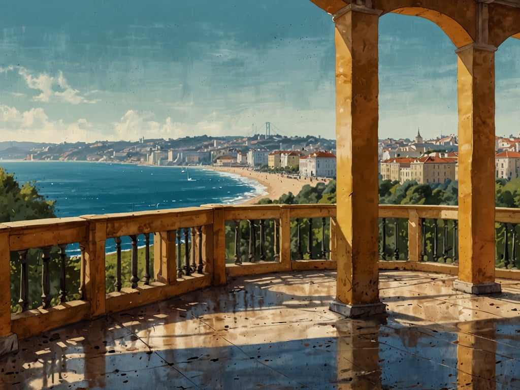 Auf dem Bild ist eine malerische Aussicht auf die Küste Lissabons zu sehen. Von einer mit Säulen versehenen Terrasse aus blickt man auf das blaue Wasser des Atlantiks, die Strandpromenade und die bunten Gebäude der Stadt. Die Atmosphäre strahlt eine ruhige Eleganz aus, die perfekt zur Idee von Lissabon als Wintergolfziel in Portugal passt. Die Kombination aus Sonne, Meer und einer beeindruckenden Architektur schafft eine einladende Kulisse für Golfer und Reisende.