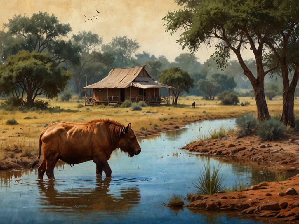 Auf dem Bild ist ein Wasserlauf zu sehen, in dem ein Tier steht, wahrscheinlich ein Rind, das den heißen Tag im Llanos genießt. Die Landschaft ist typisch für die Llanos: weite, grasbewachsene Flächen mit vereinzelten Bäumen und einem rustikalen Haus im Hintergrund.

In den Llanos könnte man Aktivitäten wie Reiten oder Viehzucht erleben, bei denen man die beeindruckende Tierwelt beobachten kann. Auch Bootsfahrten auf den Flüssen bieten die Möglichkeit, die Schönheit der Natur zu genießen und verschiedene Vogelarten zu entdecken. Außerdem sind traditionelle Feste und kulinarische Erlebnisse Teil der Kultur in dieser Region.