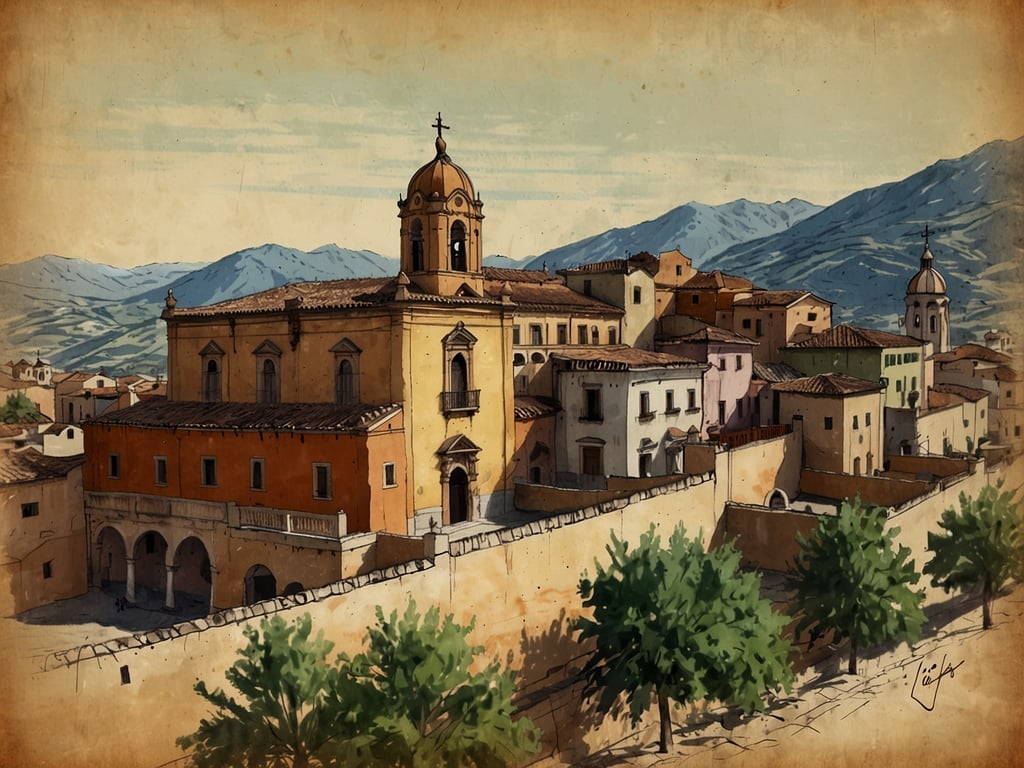 Auf dem Bild ist eine malerische Szene einer Stadtlandschaft zu sehen, die wahrscheinlich Loja darstellt. Die Architektur umfasst einige historische Gebäude und Kirchen, die von einer sanften, bergigen Landschaft umgeben sind. 

In Bezug auf 