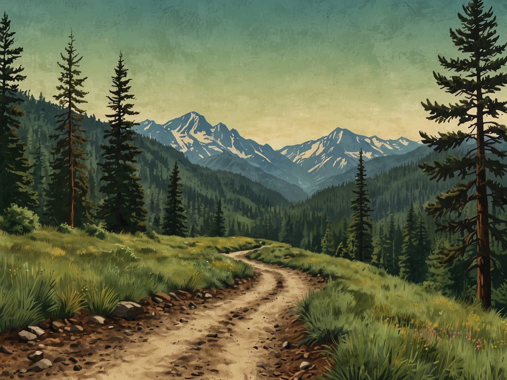 Auf dem Bild ist eine malerische Landschaft mit einem gewundenen Wanderweg zu sehen, der durch üppige grüne Wiesen und hohe, dunkle Nadelbäume führt. Im Hintergrund erheben sich majestätische Berge mit schneebedeckten Gipfeln unter einem sanften Himmel. Diese Szenerie lädt zu Wanderungen im Herzen des Nationalparks ein, wo man die Ruhe der Natur und die beeindruckende Aussicht genießen kann. Der Weg scheint ideal für eine Erkundungstour durch die unberührte Natur zu sein.