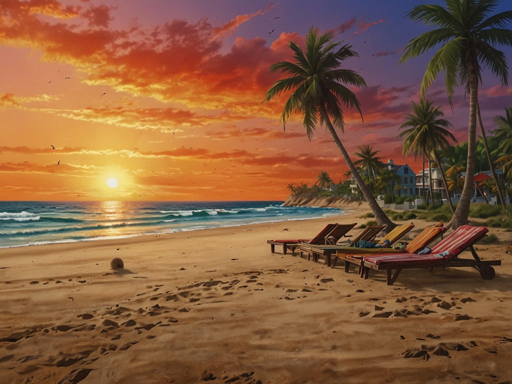 Auf dem Bild sind schöne Strände von Los Angeles zu sehen. Der Himmel ist in warmen Farben wie Orange und Rot gefärbt, was auf einen Sonnenuntergang hindeutet. Es gibt eine ruhige See mit sanften Wellen, die gegen den sandigen Strand schlagen. Am Ufer stehen Liegen, die einladend erscheinen, und einige Palmen spenden Schatten. Diese Szenerie vermittelt eine entspannte, tropische Atmosphäre.