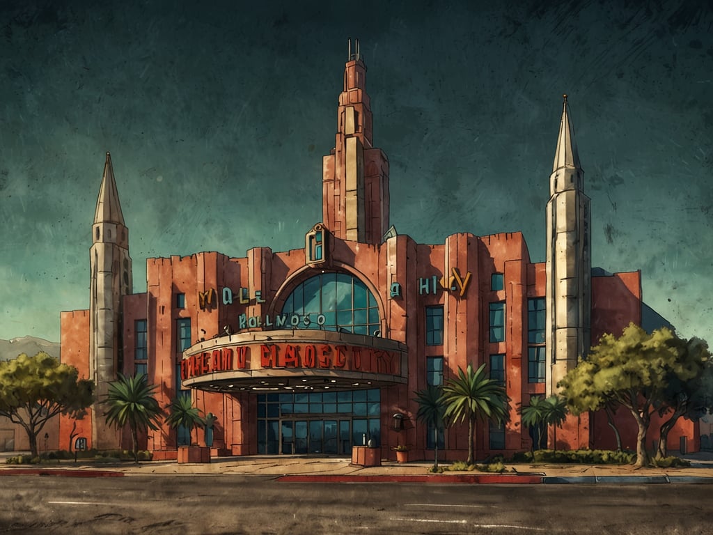 Auf dem Bild ist ein beeindruckendes Gebäude zu sehen, das dem Glamour und der Pracht von Hollywood entspricht. Es erinnert an die altehrwürdigen Filmstudios, die das Herz der Traumfabrik repräsentieren. Die markante Architektur mit den hohen Türmen und den lebhaften Farben schafft eine nostalgische Atmosphäre, die an die goldene Ära des Kinos erinnert. Umgeben von Palmen und einer einladenden Landschaft strahlt es den Glanz und die Kreativität aus, die Hollywood zu einem Symbol der Filmindustrie gemacht haben.
