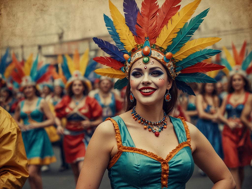 Auf dem Bild sind fröhliche Feiernde zu sehen, die in bunten Kostümen am Karneval teilnehmen. Ihre farbenfrohen Federkopfbedeckungen und das geschminkte Gesicht sind typische Elemente von Karnevalsfeiern, die oft reich an Traditionen sind.

In vielen Kulturen, wie zum Beispiel in Brasilien oder dem Rheinland, findet der Karneval großen Zuspruch. Traditionell geht es darum, das Leben zu feiern und sich von den Sorgen des Alltags zu befreien. Die Menschen verkleiden sich in aufwendige Kostüme, nehmen an Umzügen teil und tanzen zu lebhafter Musik. 

Eine bedeutende Tradition ist das 