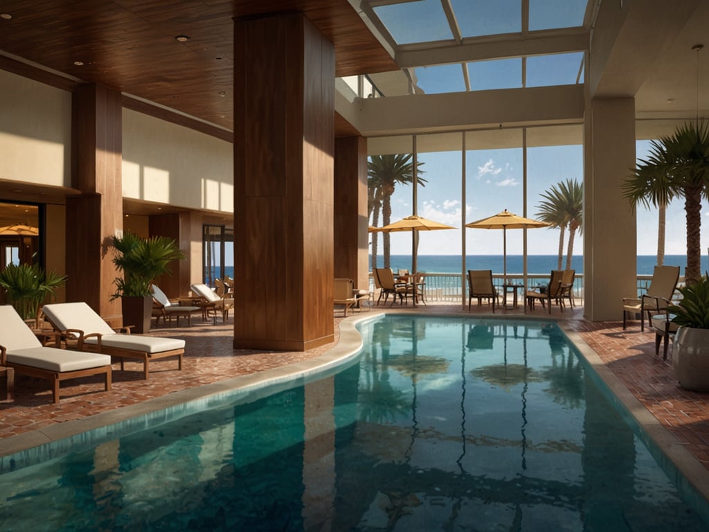 Luxus am Golf von Mexiko: Hilton Sandestin feiert 40 Jahre. Auf dem Bild ist ein eleganter Innenpoolbereich zu sehen, der durch große Fenster viel Licht und einen herrlichen Blick auf das Meer bietet. Der Raum ist modern gestaltet, mit Holzdetails und stilvollen Liegen. Außen sind Palmen und Sonnenschirme zu erkennen, die das idyllische Ambiente unterstreichen.
