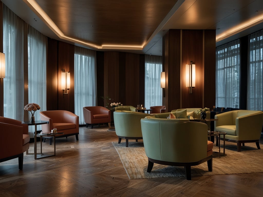 Das Bild zeigt eine elegante Lounge-Umgebung, die den Luxus auf neuen Höhen verkörpert: Die Delta One Lounge am JFK Airport. Die Einrichtung besteht aus stilvollen, modernen Sesseln in sanften Farben wie Hellgrün und Apricot. Große Fenster mit hellen Vorhängen lassen Licht hinein, während sanfte Beleuchtung die Gemütlichkeit der Lounge unterstreicht. Kleine Tische in der Mitte bieten Platz für Getränke oder Snacks, und die Holzverkleidung sowie der Holzboden verleihen dem Raum ein warmes, einladendes Ambiente. Insgesamt strahlt dieser Raum ein Gefühl von Exklusivität und Komfort aus.