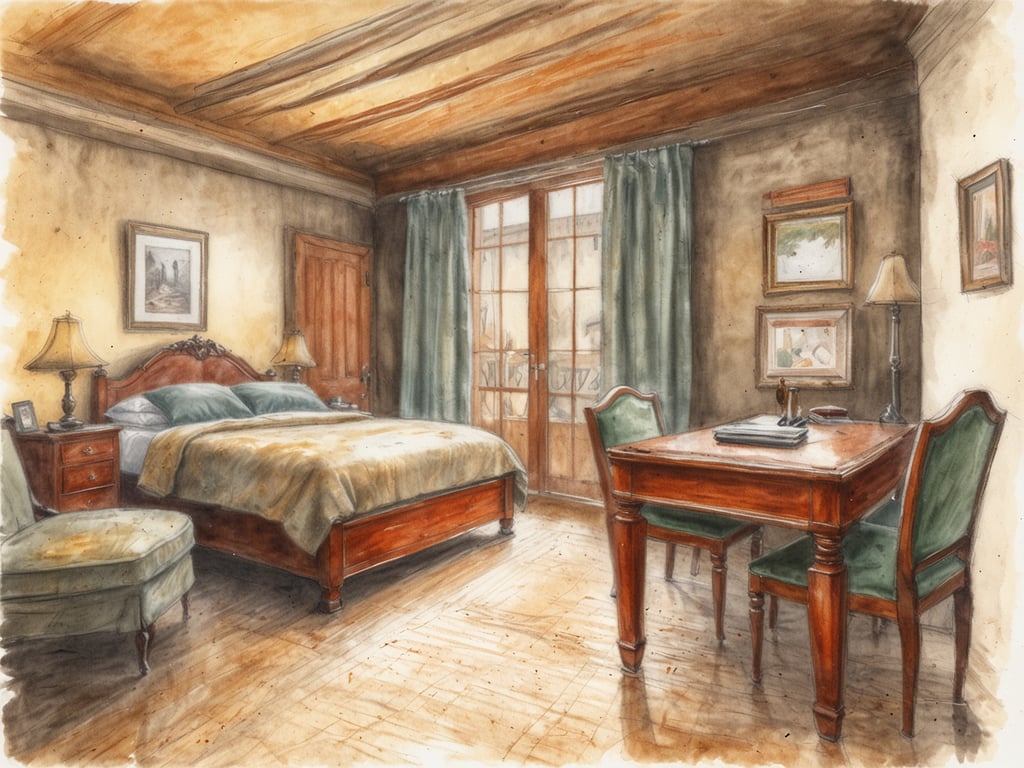 Auf dem Bild ist ein gemütlich eingerichteter Raum zu sehen, der eine luxuriöse Lodge in Südafrika widerspiegelt. Es gibt ein großes Bett mit sanften Kissen und einer eleganten Bettdecke. Neben dem Bett stehen Nachttische mit Lampen, die eine warme Atmosphäre schaffen. In der Ecke des Raumes befindet sich ein bequemer Sessel. Außerdem sieht man einen kleinen Tisch mit zwei Stühlen, der ideal für entspannte Stunden oder Arbeiten ist. Die Fenster sind mit langen Vorhängen geschmückt, die viel Tageslicht hereinlassen und den Raum einladend wirken lassen. Overall vermittelt die Szene eine ruhige und stilvolle Umgebung, perfekt für einen Aufenthalt in einer Luxus Lodge.
