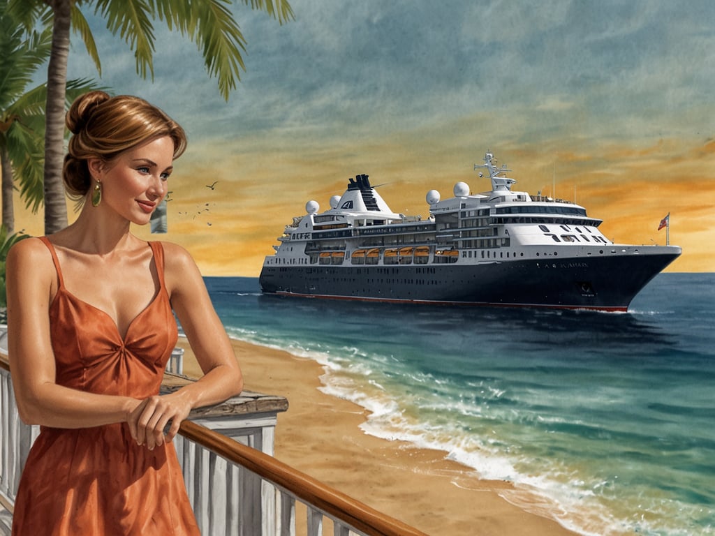 Auf dem Bild ist eine elegante Frau in einem orangefarbenen Kleid zu sehen, die auf einem Balkon steht und auf ein majestätisches Kreuzfahrtschiff blickt, das auf dem Wasser liegt. Die Szenerie vermittelt ein Gefühl von Luxus und Entspannung, umgeben von Palmen und einem malerischen Sonnenuntergang. Dieses Bild stellt eine perfekte Verbindung zwischen einer luxuriösen Reise und der Welt der Literatur dar, symbolisiert durch Seabourns Autoren zu See, wo die Erkundung poetischer und fesselnder Geschichten an Bord eines Traumschiffs stattfinden kann.