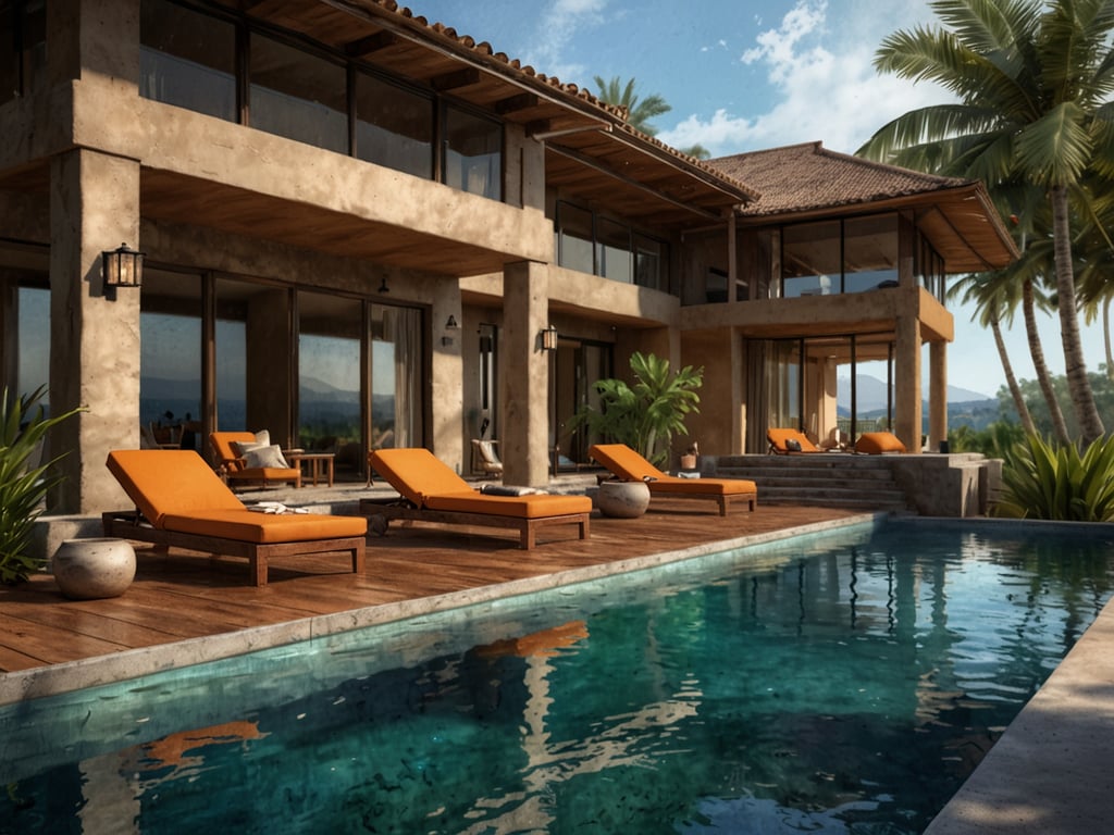 Auf dem Bild ist eine luxuriöse Villa zu sehen, die von einem Pool umgeben ist. Die Terrasse ist mit bequemen Liegen in einem warmen Orange gestaltet, die einen einladenden Eindruck vermitteln. Um die Villa herum gibt es tropische Pflanzen und Palmen, die das Ambiente eines entspannten Luxusurlaubs unterstreichen. Die modernen Glasfenster der Villa bieten einen schönen Ausblick und lassen viel Licht hinein. Insgesamt vermittelt das Bild ein Gefühl von Exklusivität und Erholung in einer traumhaften Umgebung.