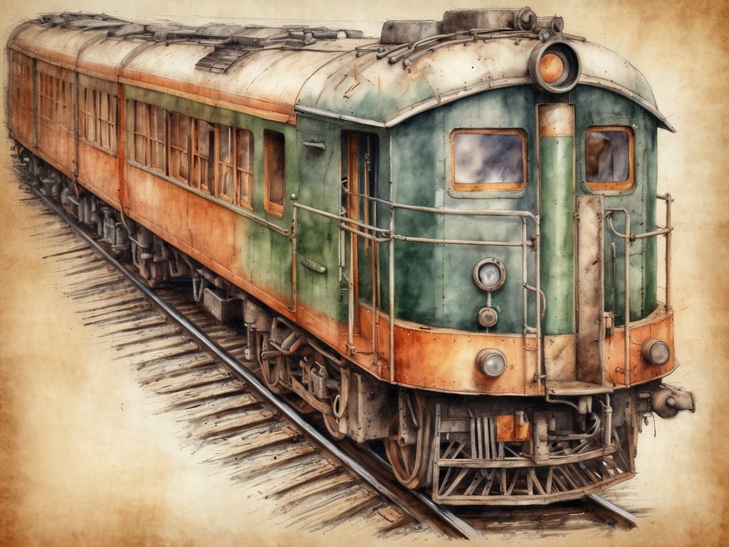 Auf dem Bild ist ein alter Zug zu sehen, der farblich in Grün und Orange gestaltet ist. Dieser Wagen könnte gut in die Geschichte des Luxuszugs in Südafrika passen, insbesondere in das berühmte Erlebnis des 