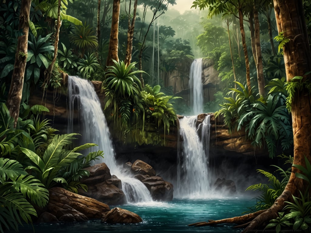 Auf dem Bild ist eine idyllische Landschaft mit Wasserfällen und üppiger Vegetation zu sehen, die an die Naturwunder rund um Macas in Ecuador erinnert. Die Region ist bekannt für ihre beeindruckenden Wasserfälle, wie den 