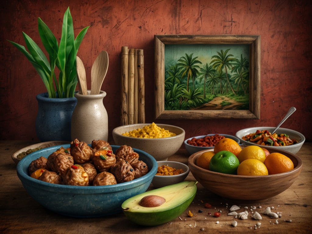 Auf dem Bild sind verschiedene kulinarische Zutaten und Gerichte zu sehen, die typisch für die Region Macas in Ecuador sein könnten. Es gibt eine Vielzahl von bunten Früchten, darunter Zitrusfrüchte wie Limetten und Orangen, und ein Avocado. Zudem sind verschiedene Schalen mit buntem, vielleicht regionalen Gericht, und Snacks wie Nüssen oder Trockenfrüchten zu sehen. 

Die Präsentation mit Pflanzen und einem gemalten Hintergrund vermittelt ein Gefühl von lokaler Kultur und traditionellem Handwerk, was die gastronomische Vielfalt und die Aromen von Macas widerspiegelt.