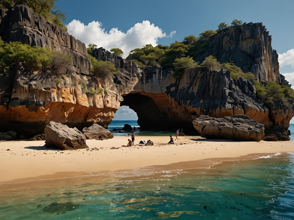 Auf dem Bild ist ein malerischer Strand mit eindrucksvollen Felsen und klarem Wasser zu sehen. Hier sind einige Reiseziele und Tipps für einen unvergesslichen Aufenthalt:

### Reiseziele:
1. **Malaisia – Langkawi**: Entdecken Sie die traumhaften Strände, Wasserfälle und die reiche Tierwelt. Perfekt für Strandliebhaber und Abenteuerlustige.
   
2. **Thailand – Krabi**: Berühmt für atemberaubende Kalksteinfelsen und türkisfarbenes Wasser. Ideal für Schnorcheln und Kajakfahren.

3. **Hawaii – Kauai**: Die 
