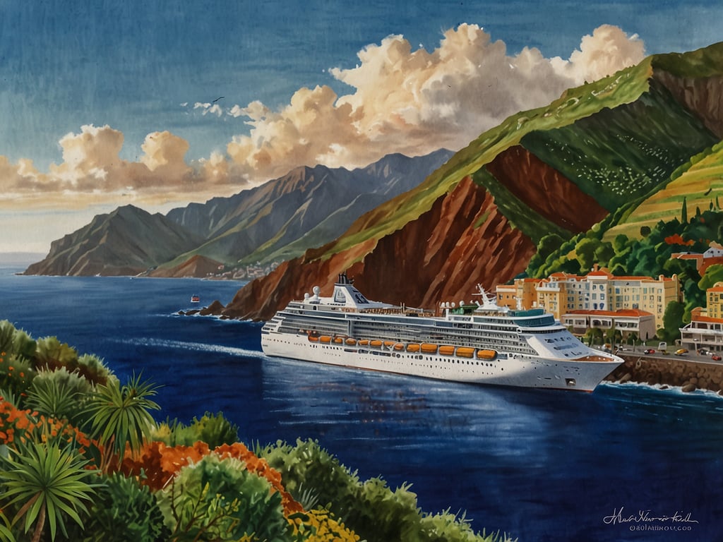 Auf dem Bild ist ein Kreuzfahrtschiff zu sehen, das an der Küste von Madeira vorbeifährt. Im Hintergrund erkennt man die beeindruckenden, bergigen Landschaften der Insel, mit ihrer typischen grünen Vegetation und den roten Felsen. Das Bild vermittelt eine malerische Stimmung und zeigt die Schönheit von Madeira, die oft in den World Cruise Awards als eine der besten Destinationen für Kreuzfahrten gewürdigt wird.