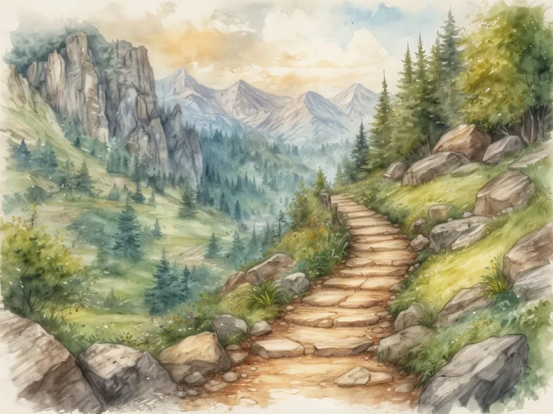 Aquarellillustration: Märchenhaftes Schloss mit mehreren Türmen auf felsigem Hügel, umgeben von Waldweg und Bäumen
