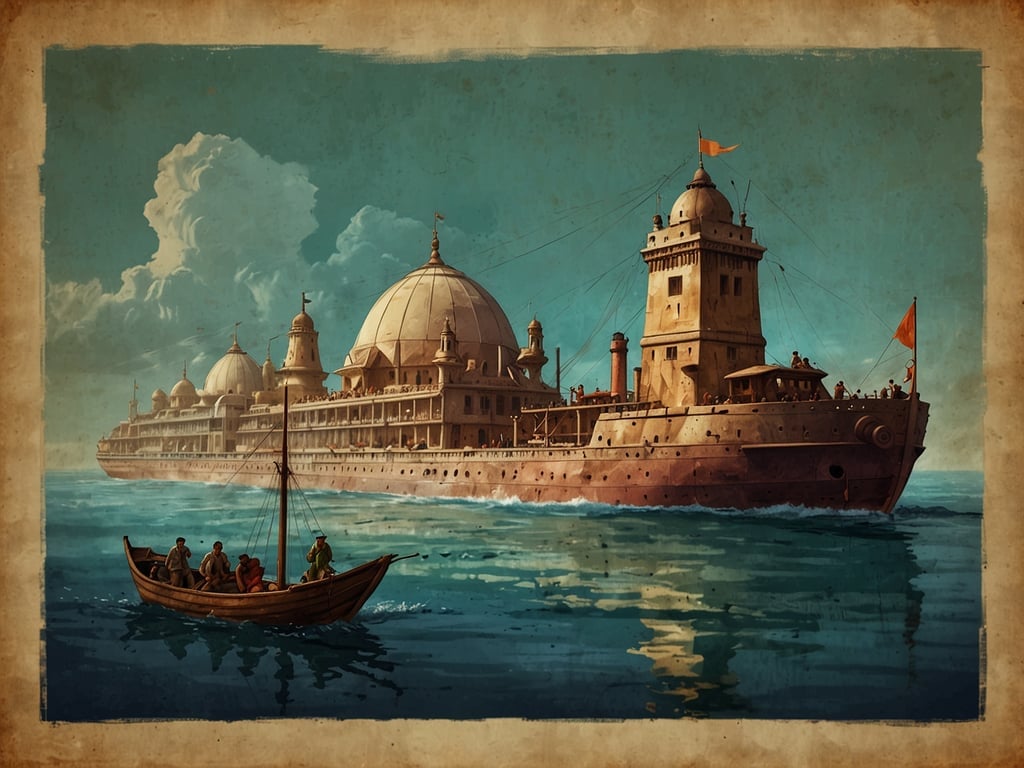 Auf dem Bild ist ein großes, prächtiges Schiff zu sehen, das an eine Mischung aus einem historischen Dampfer und einem Palast erinnert. Es hat auffällige Kuppeln und Türme, die an asiatische Architektur angelehnt sind. Um das Schiff herum befindet sich ein kleineres Boot mit mehreren Personen, die anscheinend auf die größere Wasserfahrzeug zusteuern.

In der Geschichte der Entdeckungen könnten solche Schiffe eine symbolische Bedeutung für den Austausch von Kulturen und den Handel zwischen verschiedenen Zivilisationen darstellen. Sie erinnern an die Zeit der großen Entdecker, als neue Kontinente erforscht und neue Handelsrouten erschlossen wurden. Schiffe waren nicht nur Transportmittel, sondern auch Plattformen für kulturellen Austausch, Entdeckung und manchmal auch für Konflikte.