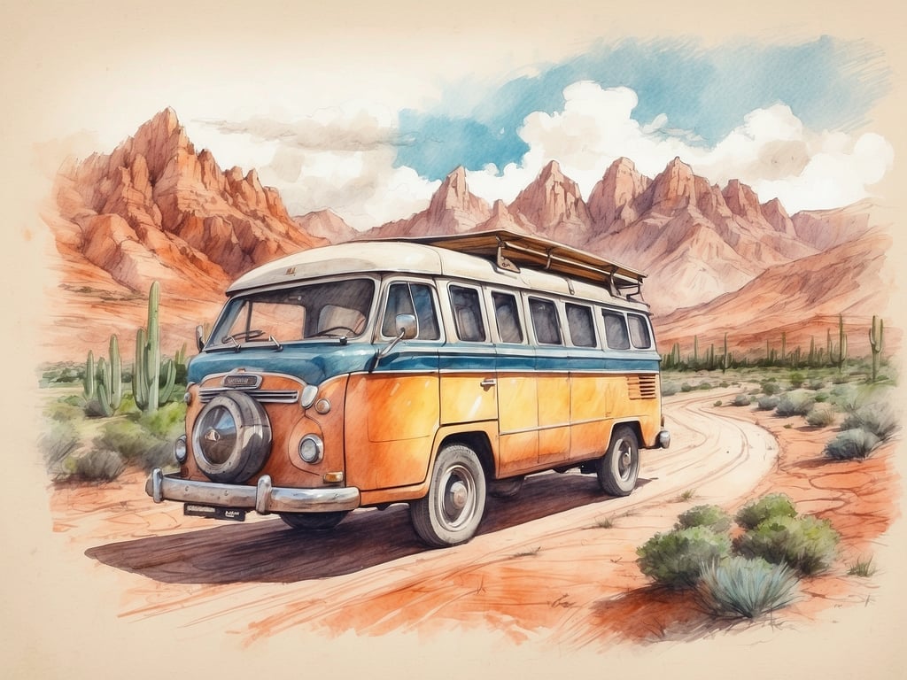 Auf dem Bild ist ein nostalgischer VW-Bus in einer wunderschönen Wüstenlandschaft zu sehen. Die sanften Hügel und beeindruckenden roten Felsen im Hintergrund schaffen eine malerische Kulisse, die ideal für Abenteuer ist. 

Man könnte sich vorstellen, mit Freunden einen Roadtrip durch diese beeindruckende Landschaft zu unternehmen. Es wäre großartig, am frühen Morgen zu starten, um den Sonnenaufgang über den Bergen zu erleben. Unterwegs könnte man anhalten, um die faszinierenden Kaktusarten zu fotografieren und die Stille der Natur zu genießen. 

Eine Übernachtung im Bus unter dem klaren Sternenhimmel wäre ein unvergessliches Erlebnis. Tagsüber könnte man Wanderungen in der Umgebung unternehmen und die Schönheit der Wüste entdecken, während man die warmen Sonnentage und die kühle Abendluft schätzt. Das Fahren auf den kurvenreichen Straßen würde sicher ein Gefühl von Freiheit und Abenteuer vermitteln.