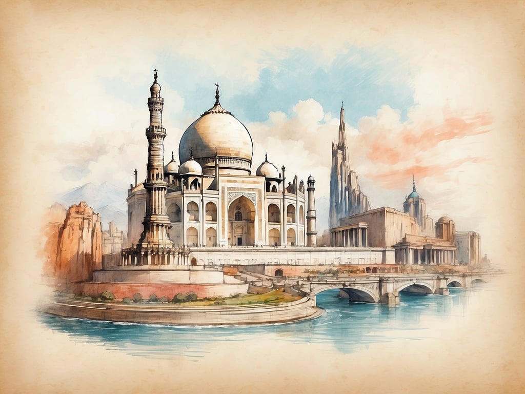 Auf dem Bild ist das Taj Mahal zu sehen, ein atemberaubendes Beispiel mogulischer Architektur und eines der bekanntesten Wahrzeichen Indiens. Es liegt am Ufer des Flusses Yamuna und wird oft von einem wunderschönen Garten umgeben. 

Auf der Route zu diesem beeindruckenden Monument könnten folgende Sehenswürdigkeiten besucht werden:

1. **Agra Fort**: Eine UNESCO-Weltkulturerbestätte, die eine wichtige Rolle in der Geschichte Indiens spielt.
2. **Itimad-ud-Daulah's Tomb**: Auch als 