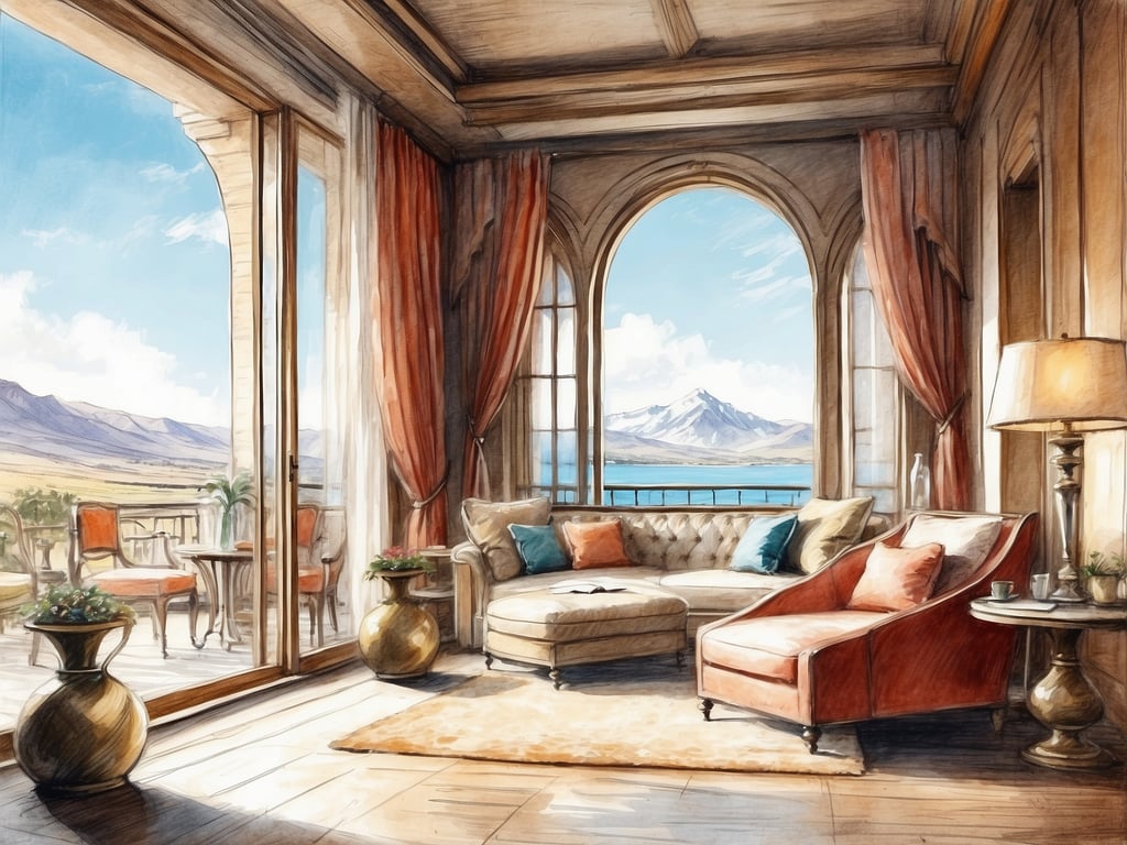 Dieses Bild zeigt einen elegant gestalteten Aufenthaltsraum eines Hotels. Der Raum ist hell und lichtdurchflutet, mit großen Fenstern, die einen atemberaubenden Blick auf eine Berglandschaft und einen See bieten. Die Inneneinrichtung ist geschmackvoll mit einem bequemen, hellen Sofa und einem stilvollen roten Sessel, der zum Entspannen einlädt. 

Zudem befinden sich im Raum dekorative Pflanzen in eleganten Vasen sowie ein kleiner Tisch neben dem Sessel. Die warme Farbpalette und die stilvollen Vorhänge verleihen dem Raum eine einladende Atmosphäre, perfekt für Gäste, die Ruhe und Komfort suchen.
