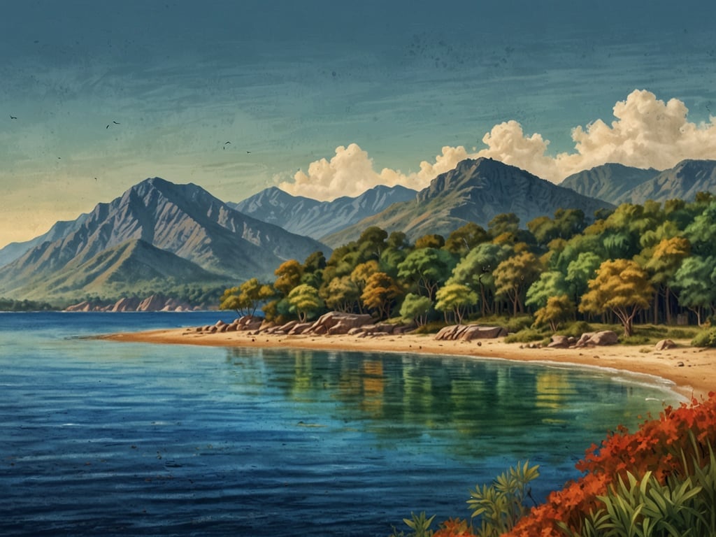 Auf dem Bild ist eine idyllische Küstenlandschaft zu sehen, die von Bergen umgeben ist. Die klare, türkisfarbene Wasseroberfläche spiegelt die majestätischen Berge und die üppige Vegetation wider. Dies erinnert an die einzigartige Natur Malawis, insbesondere den Malawi-See, der für seine atemberaubenden Ausblicke und die vielfältige Flora und Fauna bekannt ist. Die Farbpalette vermittelt eine friedliche, harmonische Atmosphäre, die typisch für die malawische Landschaft ist.